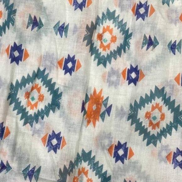 Funky Boho Raw Edge Scarf White with Multicolor Aztec Tribal Print L72" X W20" - Picture 7 of 8